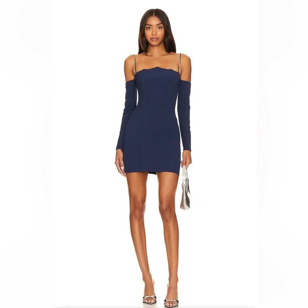 Camila‎ Coelho Victorya Mini Dress Navy XS Embellished Off Shoulder Long Sleeve